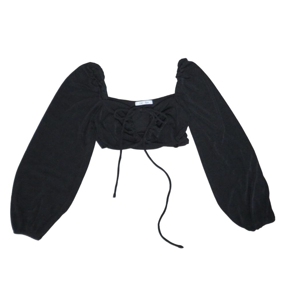 Gab & Kate Cut Out Long Sleeve Crop Top Stretch Black Sz Medium NWOT